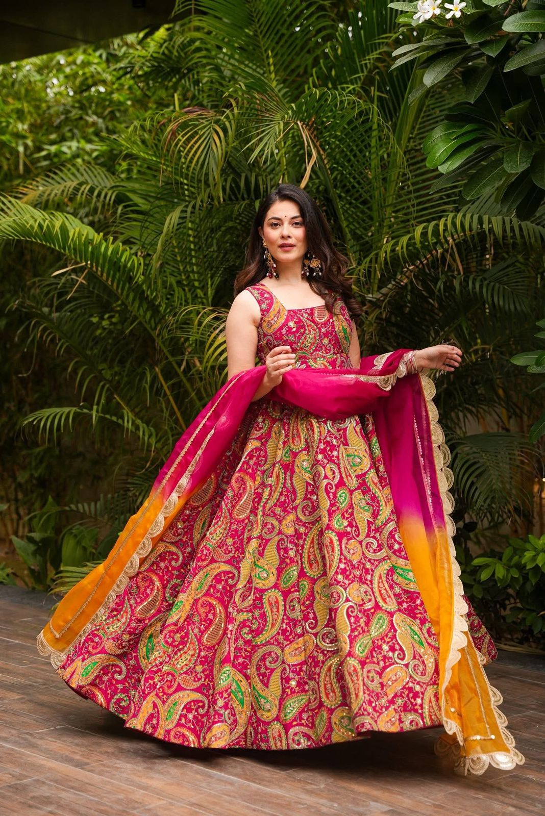 Digital printed Jimmy organza silk suit with huge flair