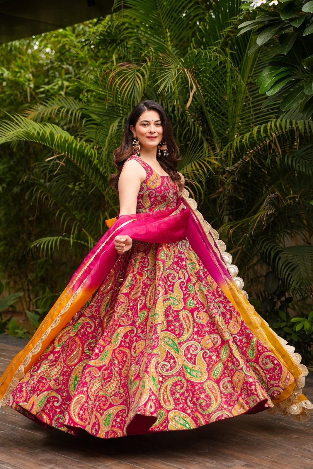 Digital printed Jimmy organza silk suit with huge flair