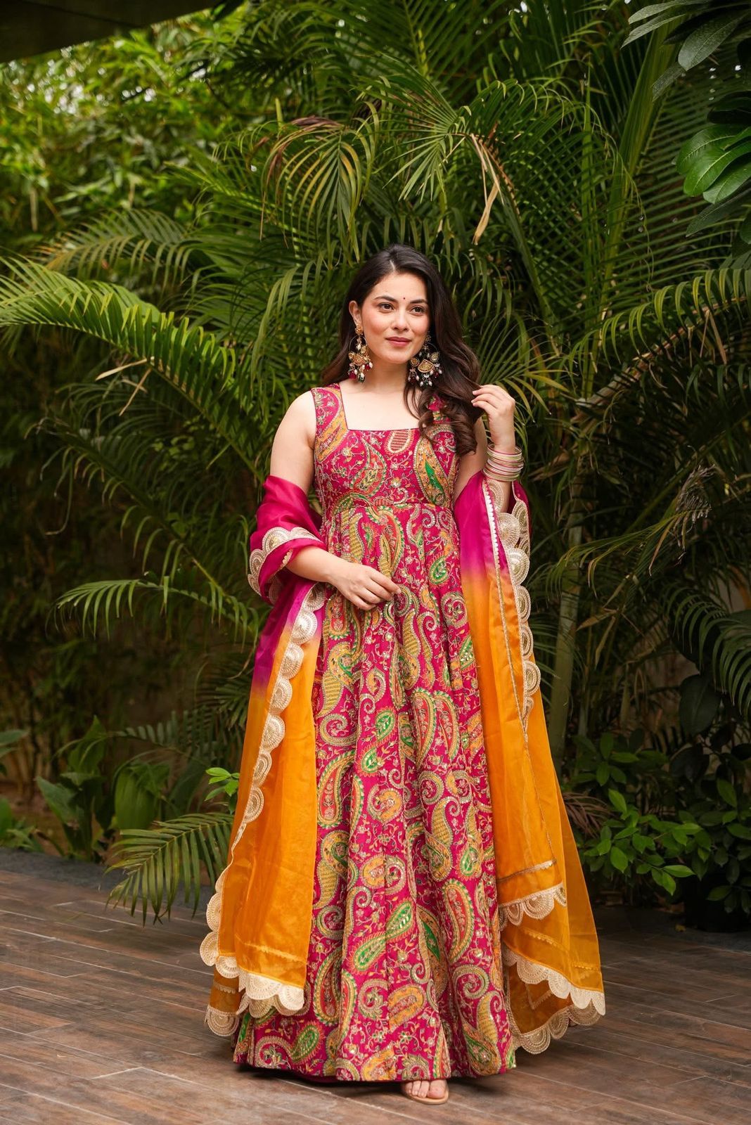 Digital printed Jimmy organza silk suit with huge flair