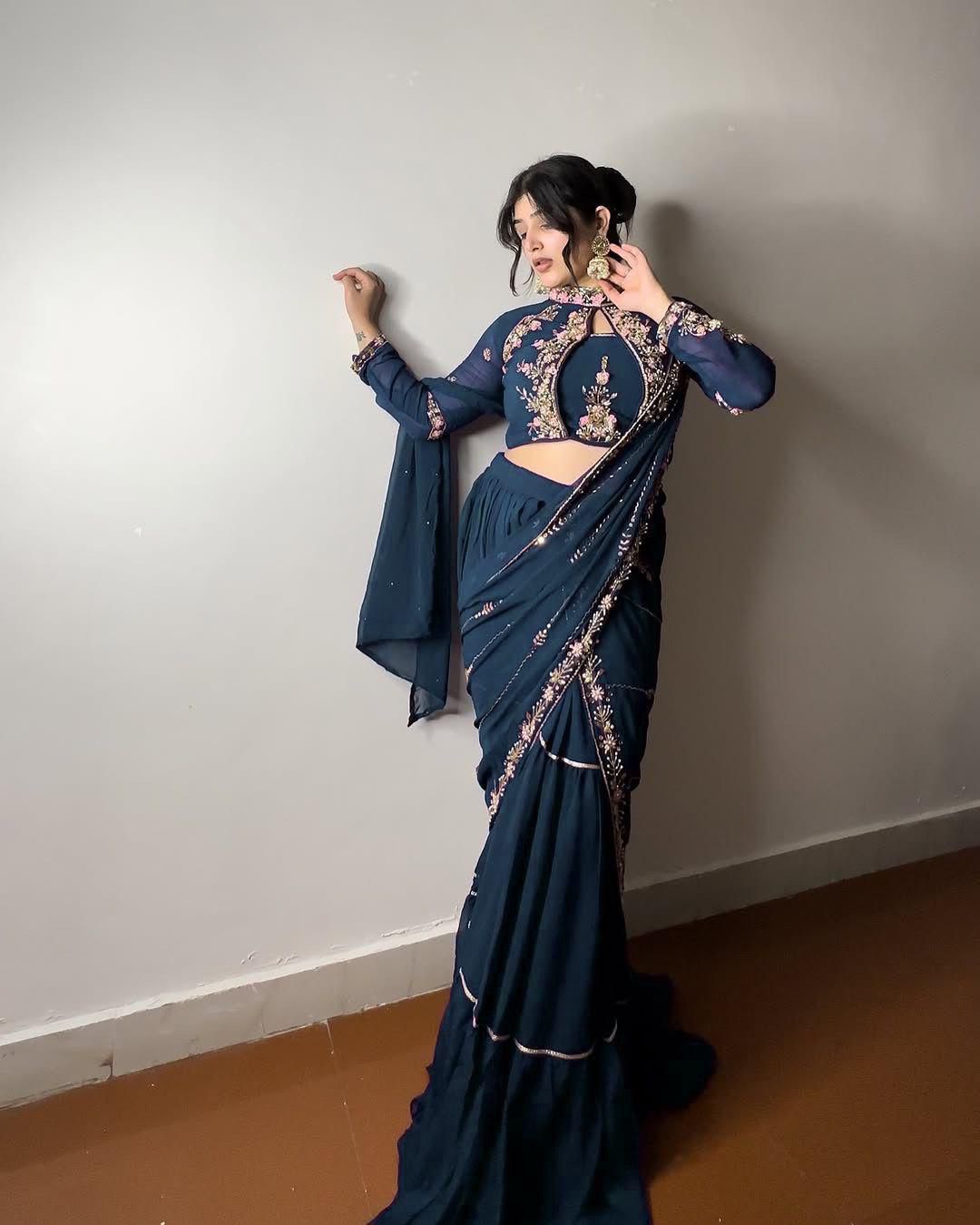 WEDDING SEASON SPECIAL FANCY PARTY WEAR FAUX GEORGETTE LEHENGA SAREE WITH HEAVY WORK BLOUSE AND