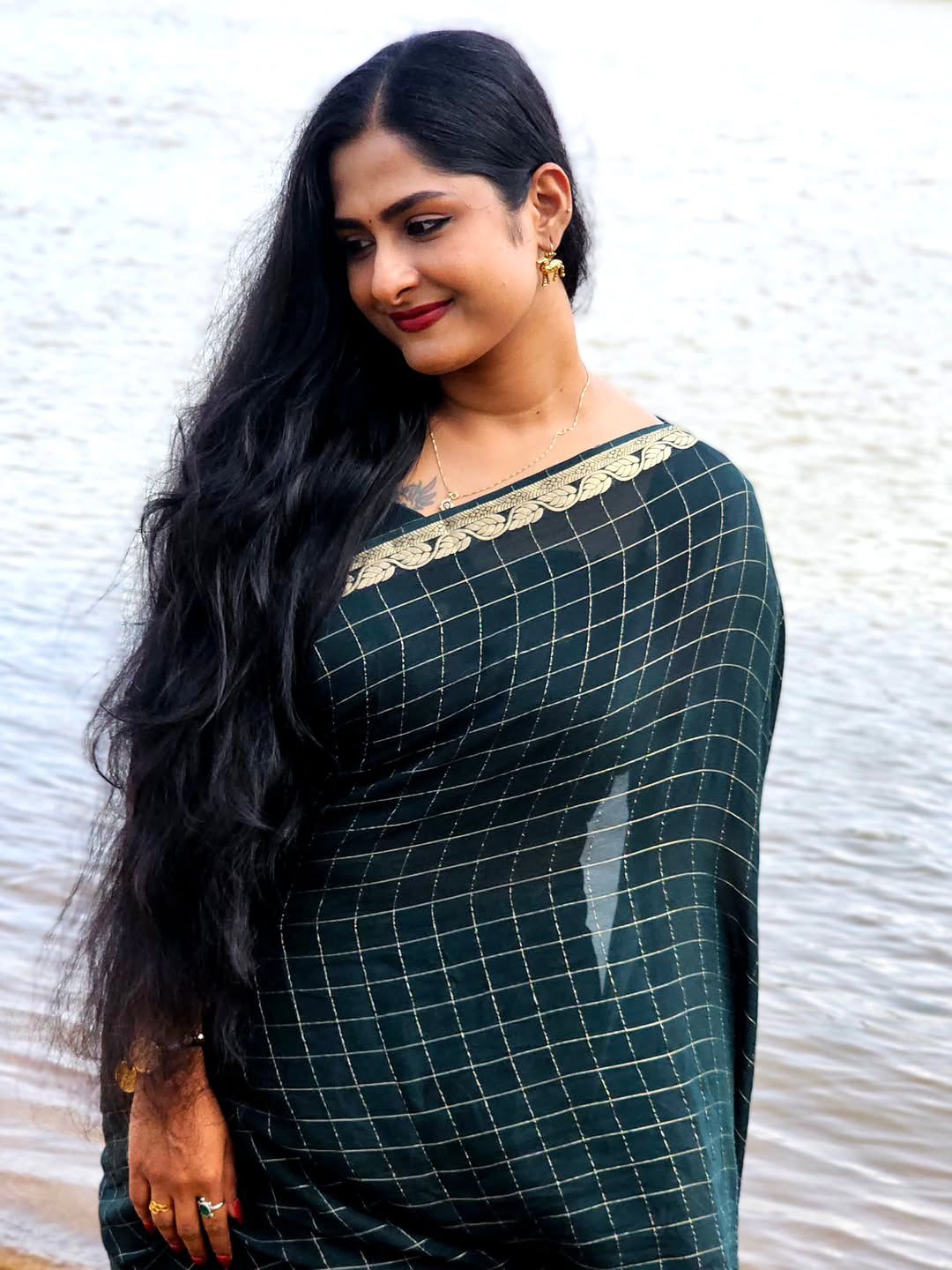 Pure Viscose Chinon Saree With Viscose contrast Blouse