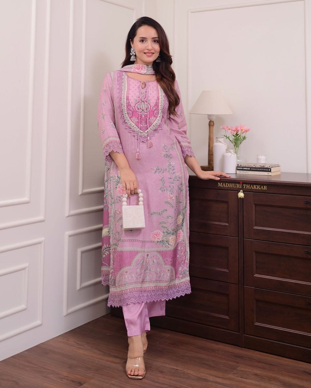 Lilac Muslin Pakistani Suit with digital prints