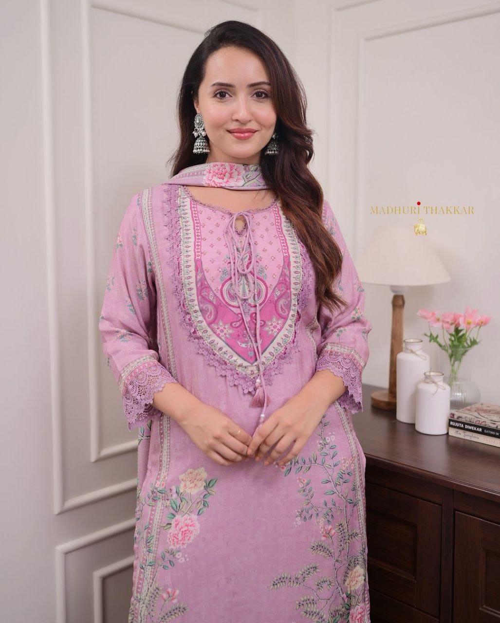 Lilac Muslin Pakistani Suit with digital prints