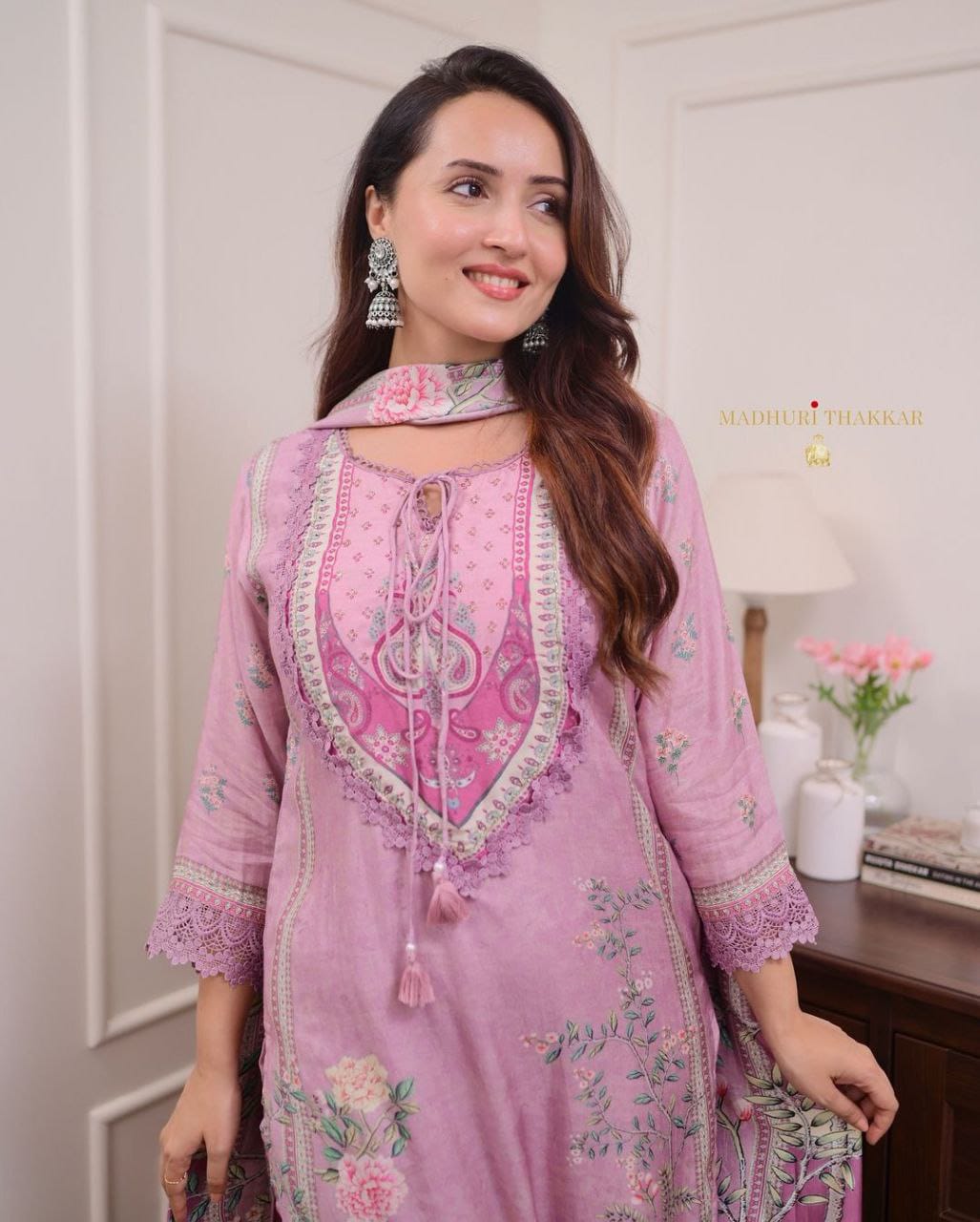 Lilac Muslin Pakistani Suit with digital prints