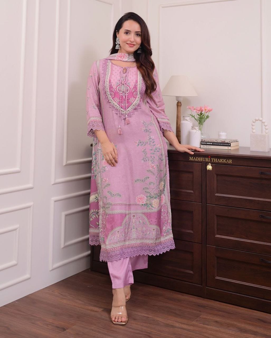 Lilac Muslin Pakistani Suit with digital prints