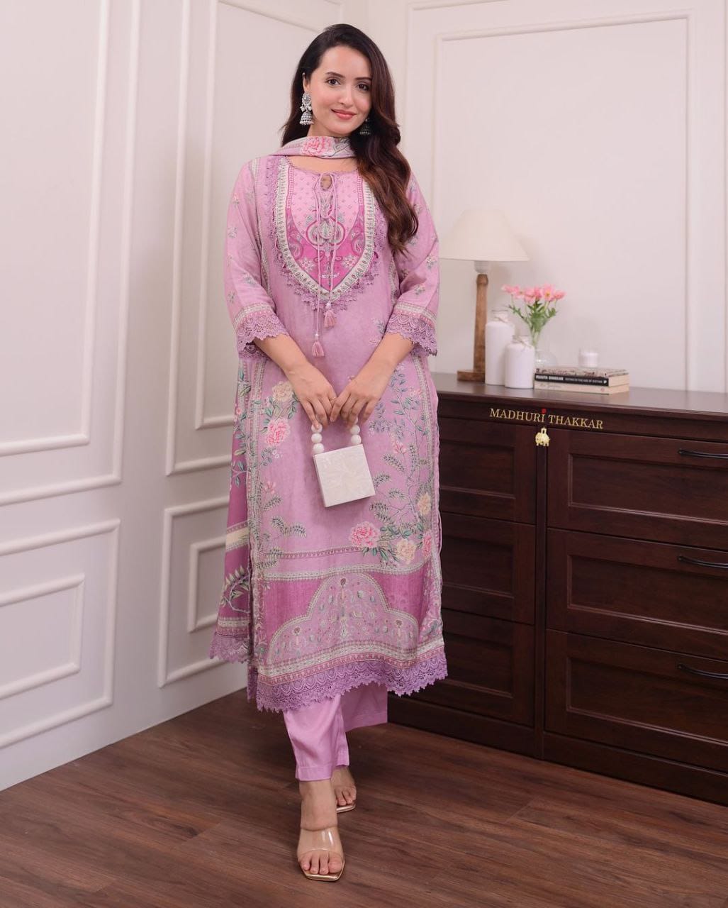 Lilac Muslin Pakistani Suit with digital prints