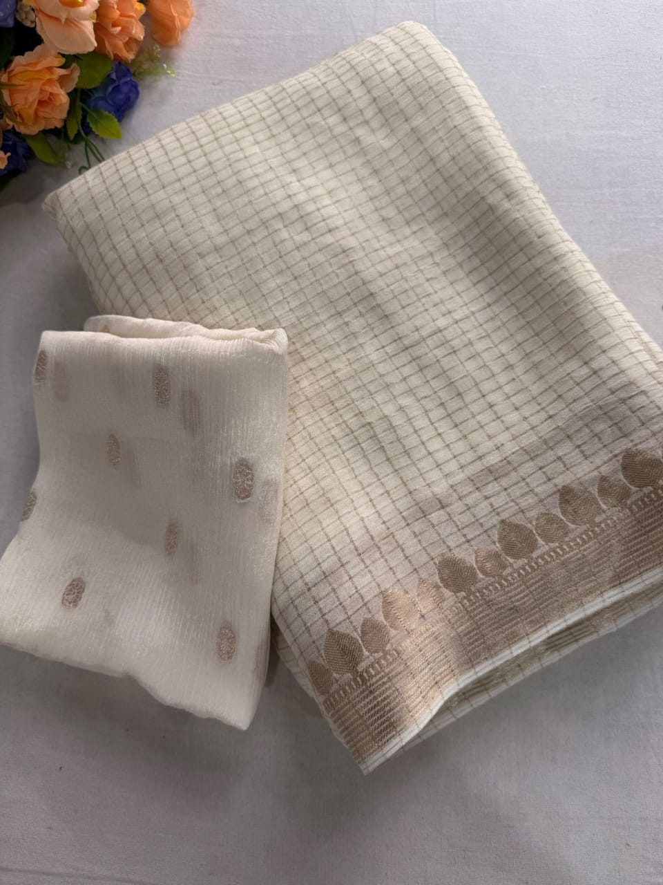 Onam Special Pure Georgette Viscose Chex Saree With Viscose Chinon Weaving Butti Blouse