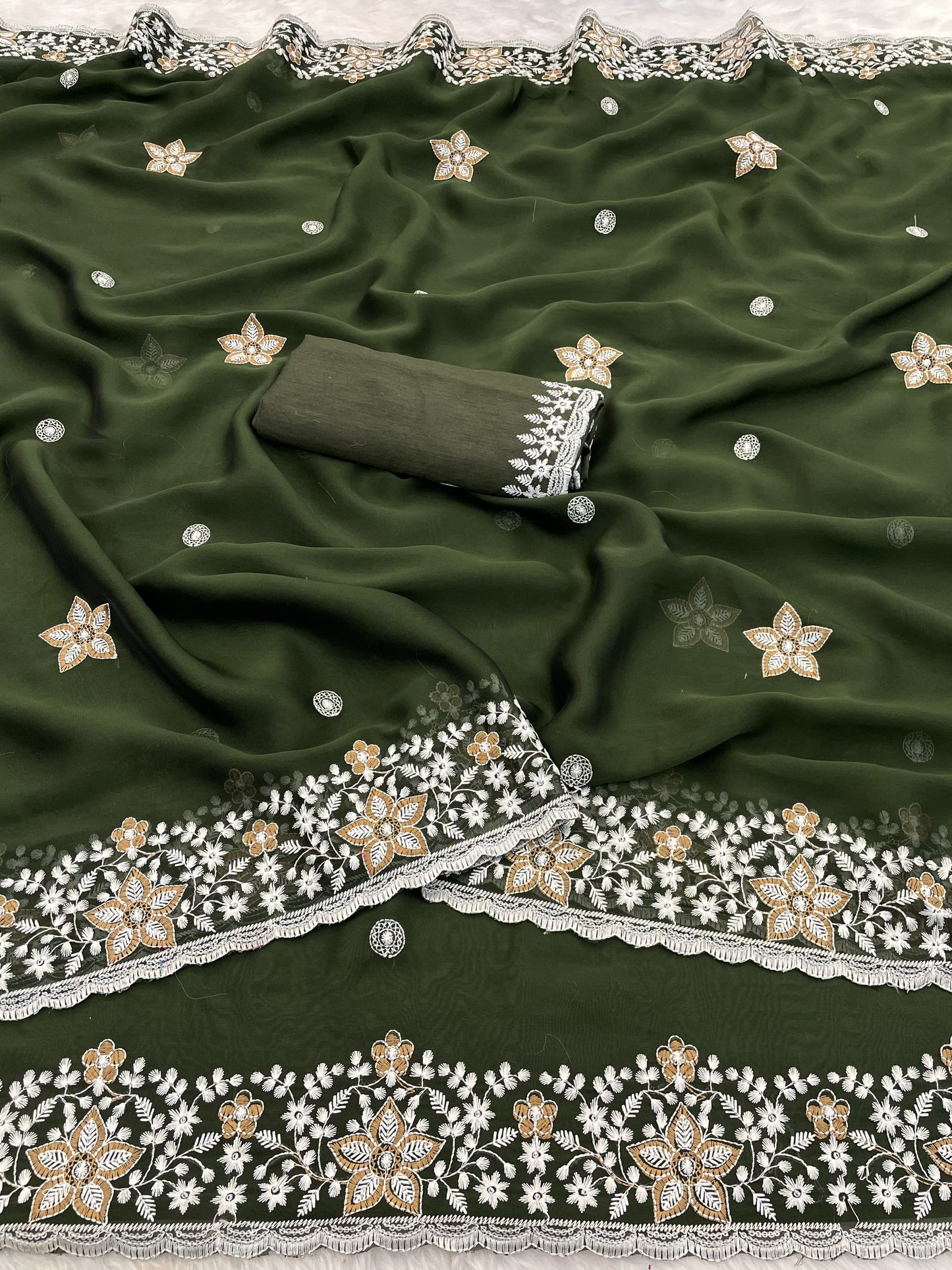 Soft Rangoli Silk Saree with sequence Thread Embroidery Work With Cutwork Border