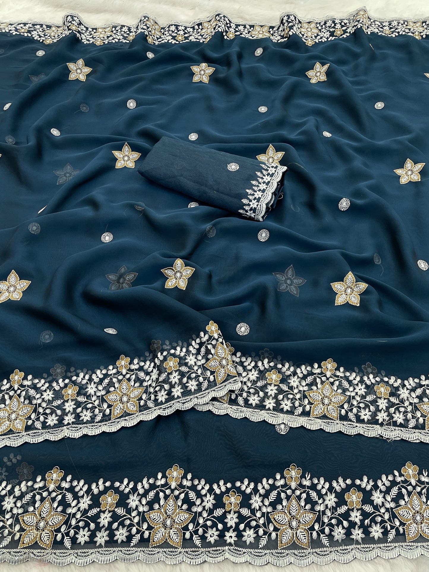 Soft Rangoli Silk Saree with sequence Thread Embroidery Work With Cutwork Border