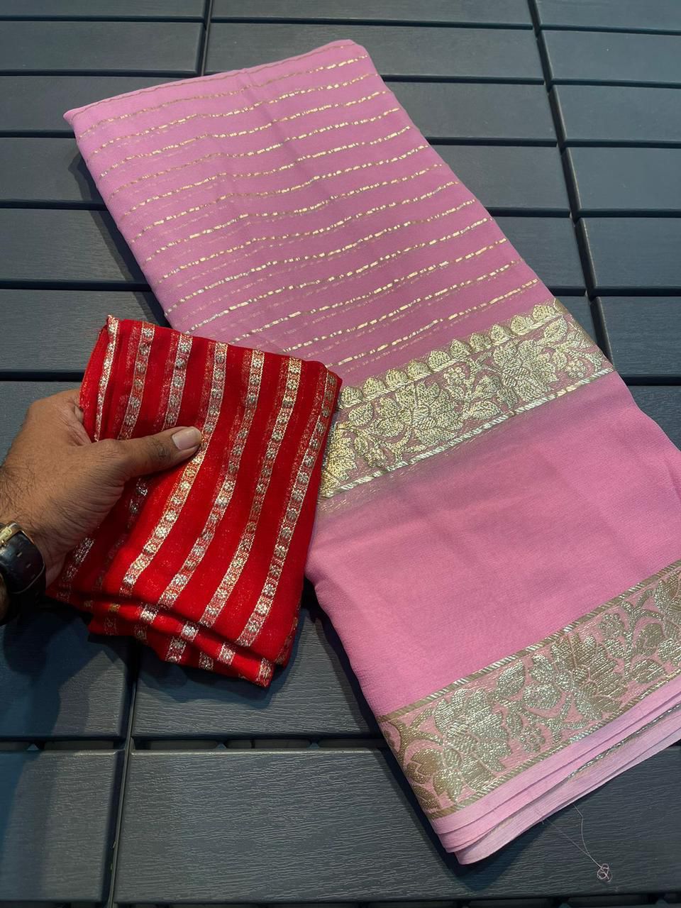 Viscose Georgette Saree With Dola Banarasi Silk Contrast Blouse