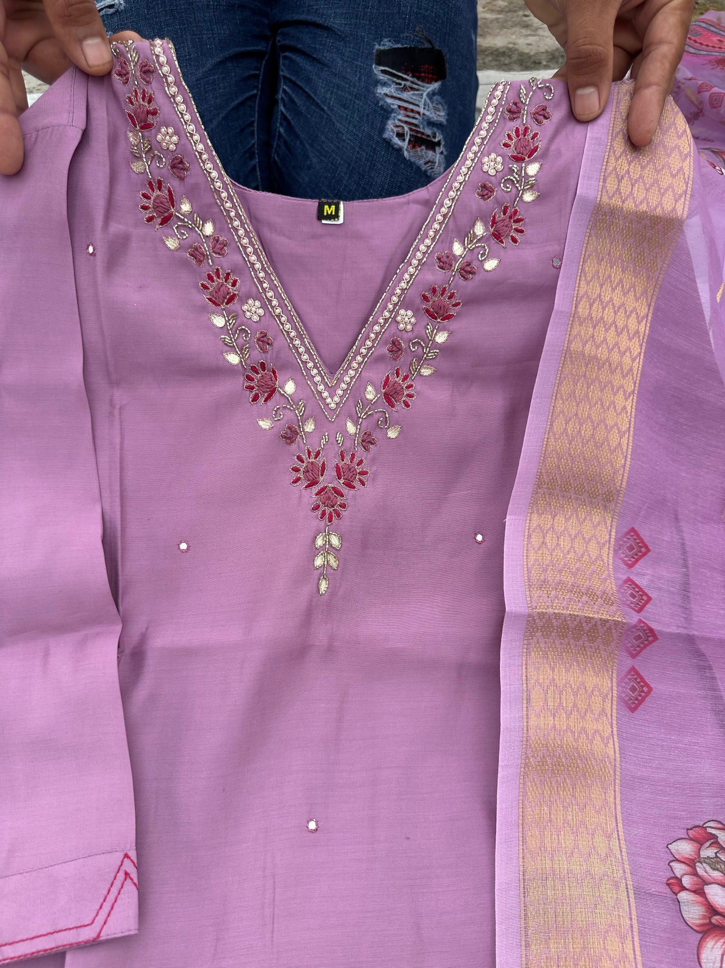Roman silk With Cotton inner with Hand Work Kurti