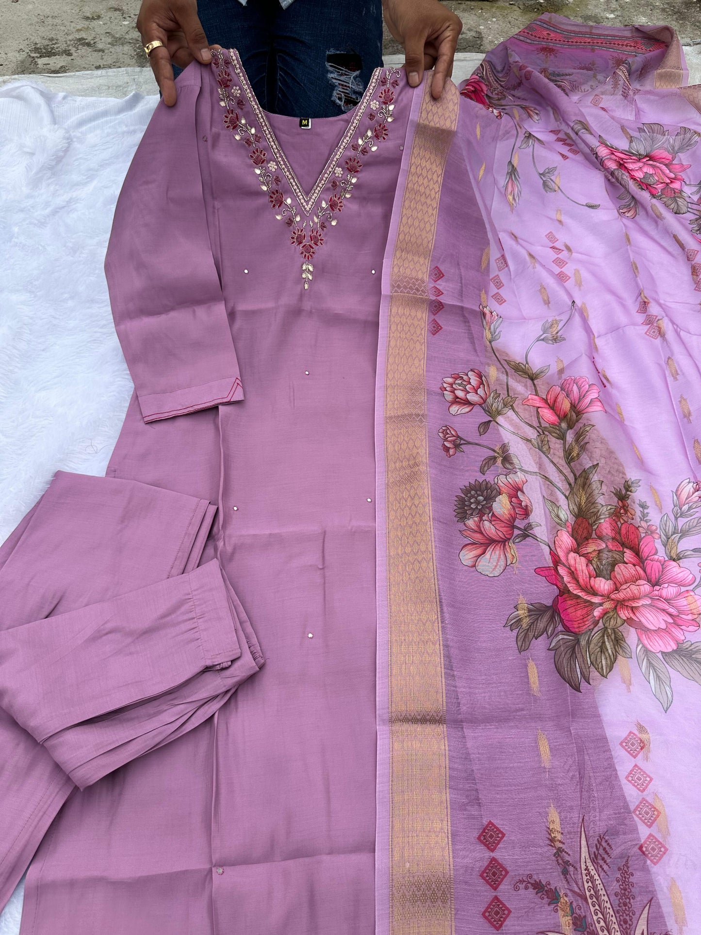 Roman silk With Cotton inner with Hand Work Kurti