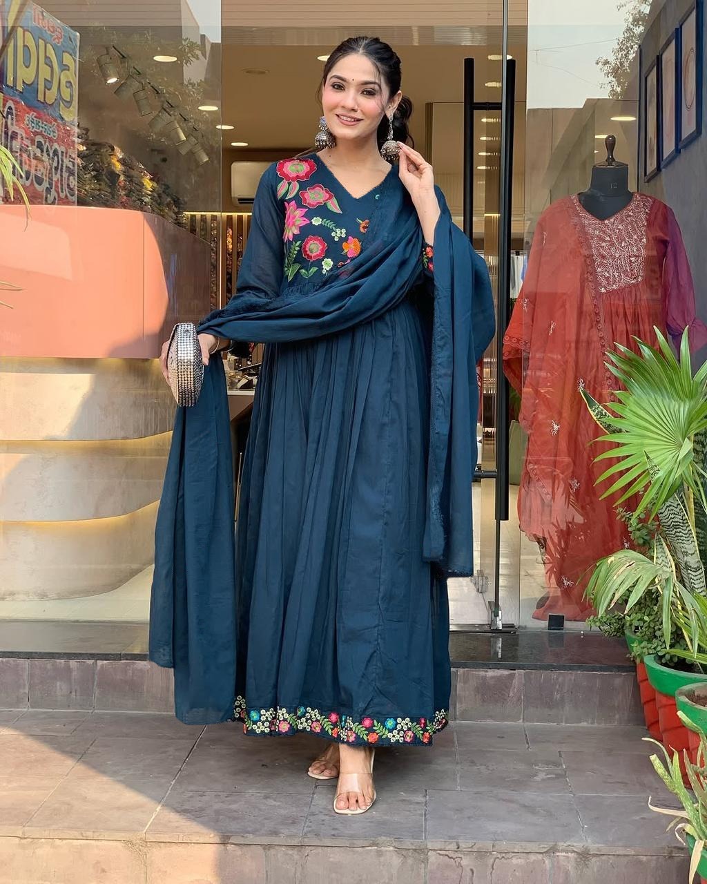 Embroidered Georgette Stitched Anarkali Gown With dupatta