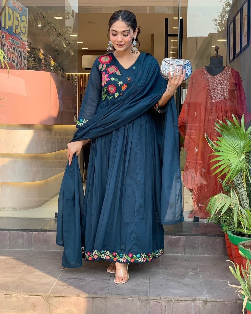 Embroidered Georgette Stitched Anarkali Gown With dupatta
