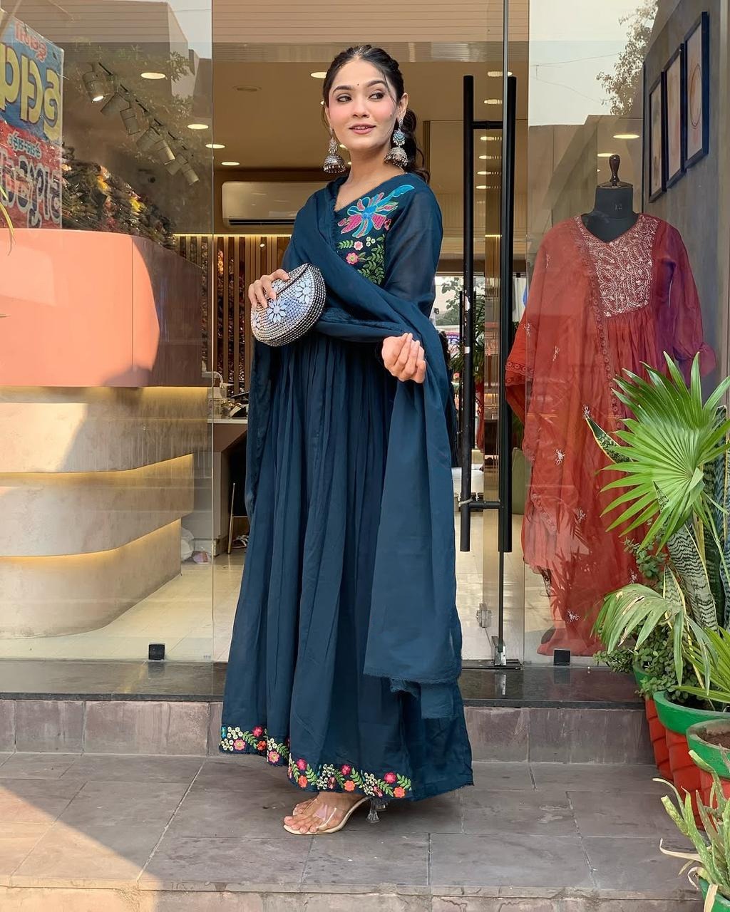 Embroidered Georgette Stitched Anarkali Gown With dupatta