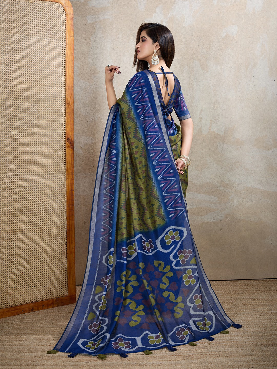Brown & Blue Ikat Printed Chanderi Saree
