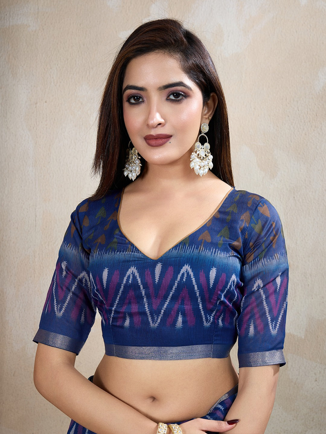 Brown & Blue Ikat Printed Chanderi Saree