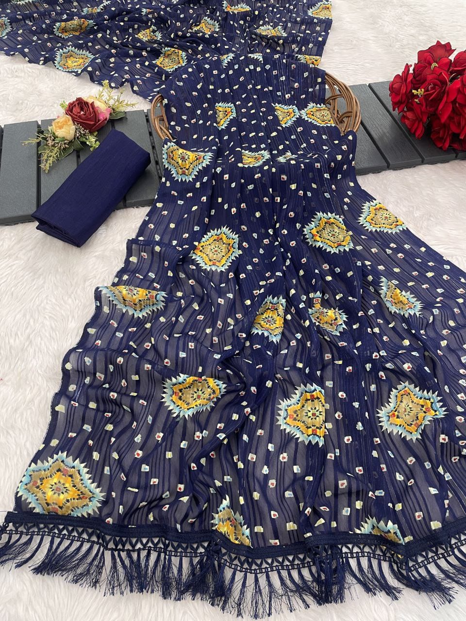 SOFT FANCY GEORGETTE &WITH PATOLA PRINT & fancy tassel Dupatta