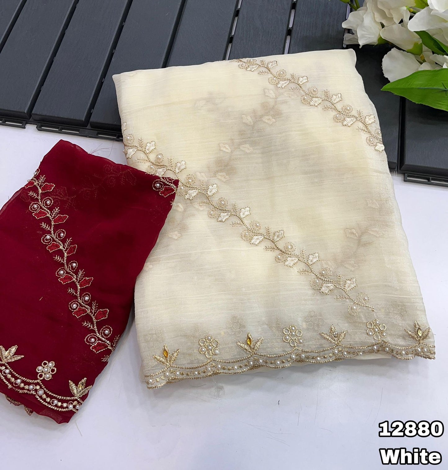 Soft crunchy saree with embroidery 🧵 work with stone work saree with cut work