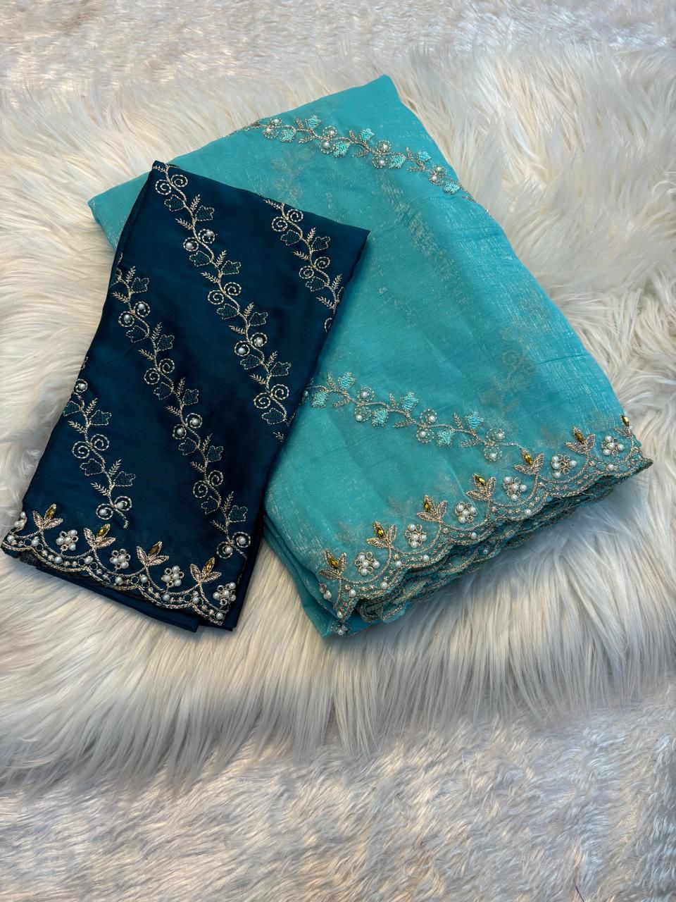 Soft crunchy saree with embroidery 🧵 work with stone work saree with cut work