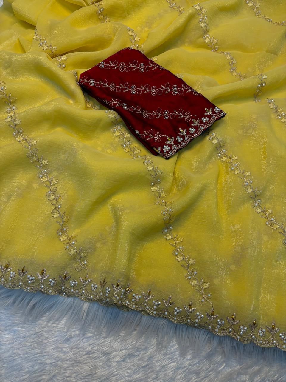 Soft crunchy saree with embroidery 🧵 work with stone work saree with cut work
