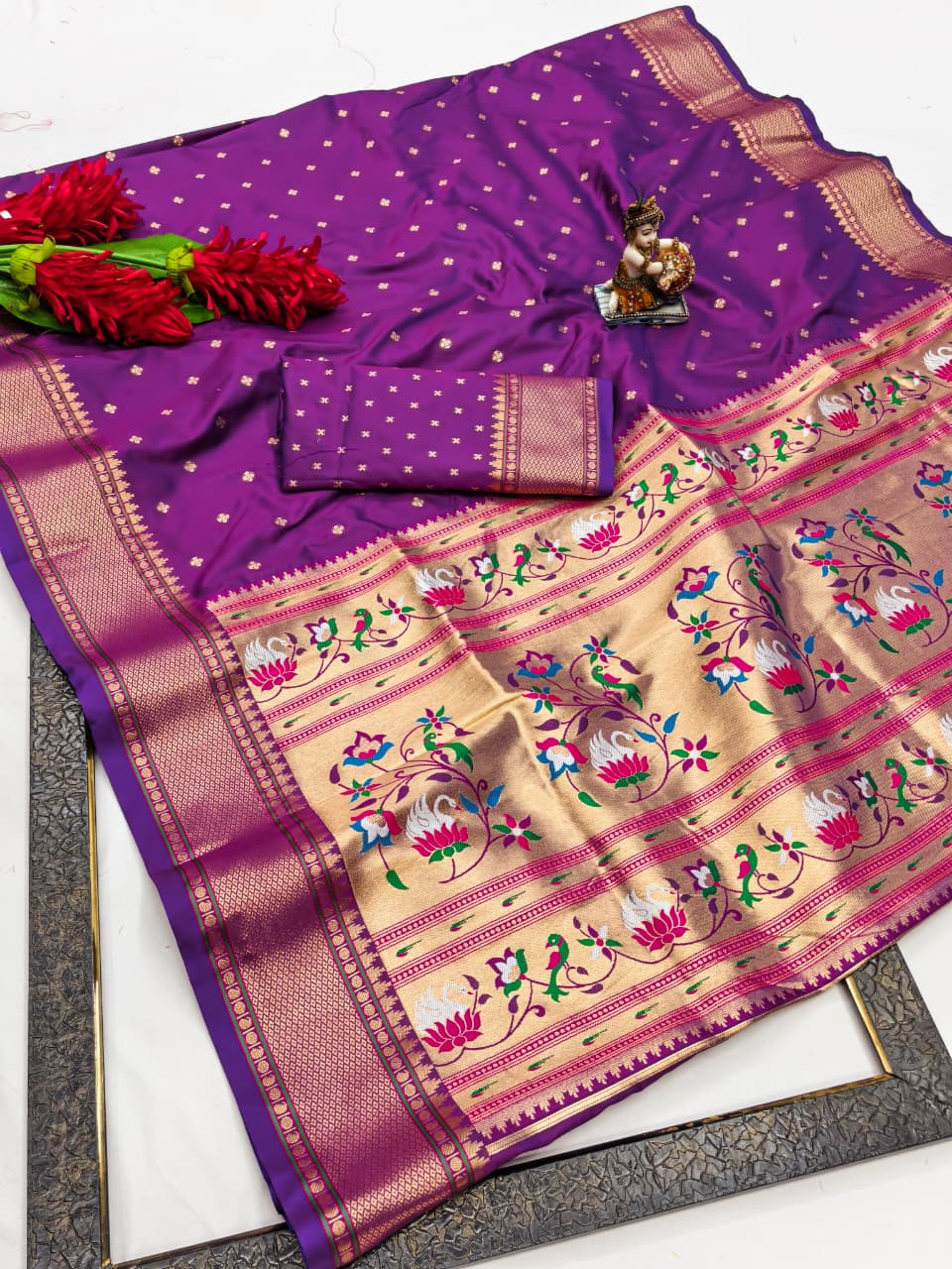 Banarasi Lichi Silk Paithani saree with weaving gold Jari Saree