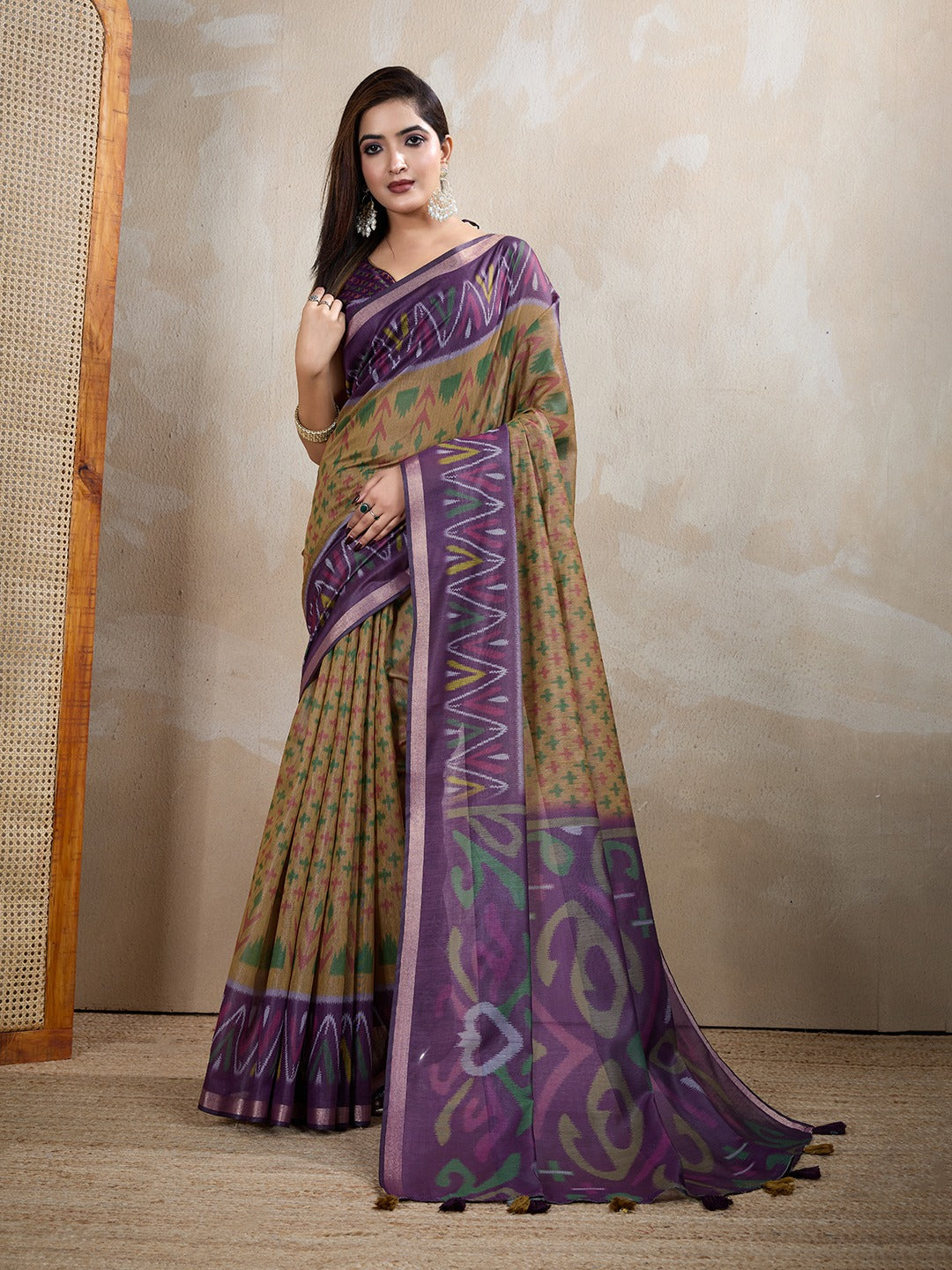 Olive & Purple Ikat Printed Chanderi Saree with Contrast Border (Code: GG-321)