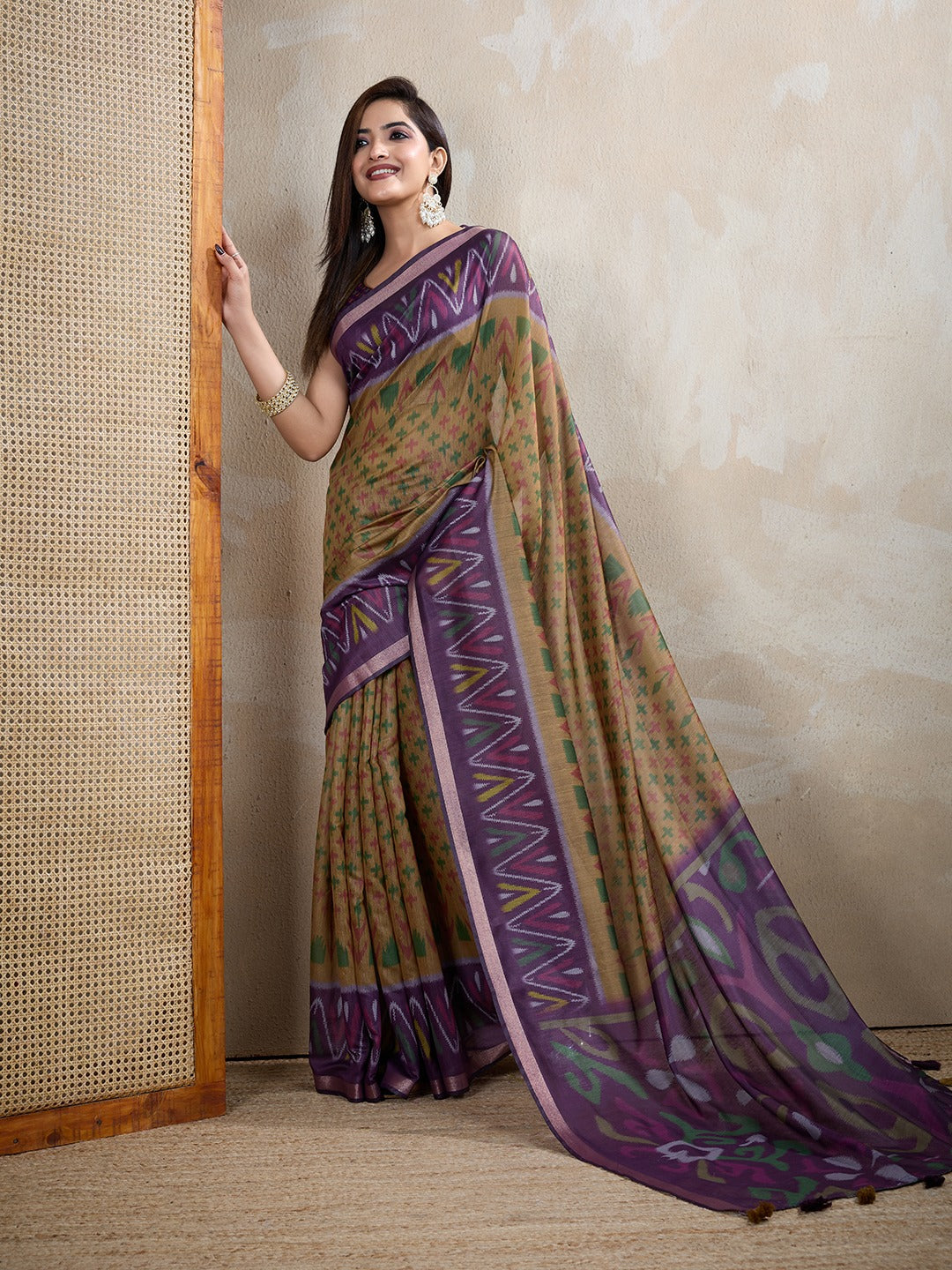 Olive & Purple Ikat Printed Chanderi Saree with Contrast Border (Code: GG-321)