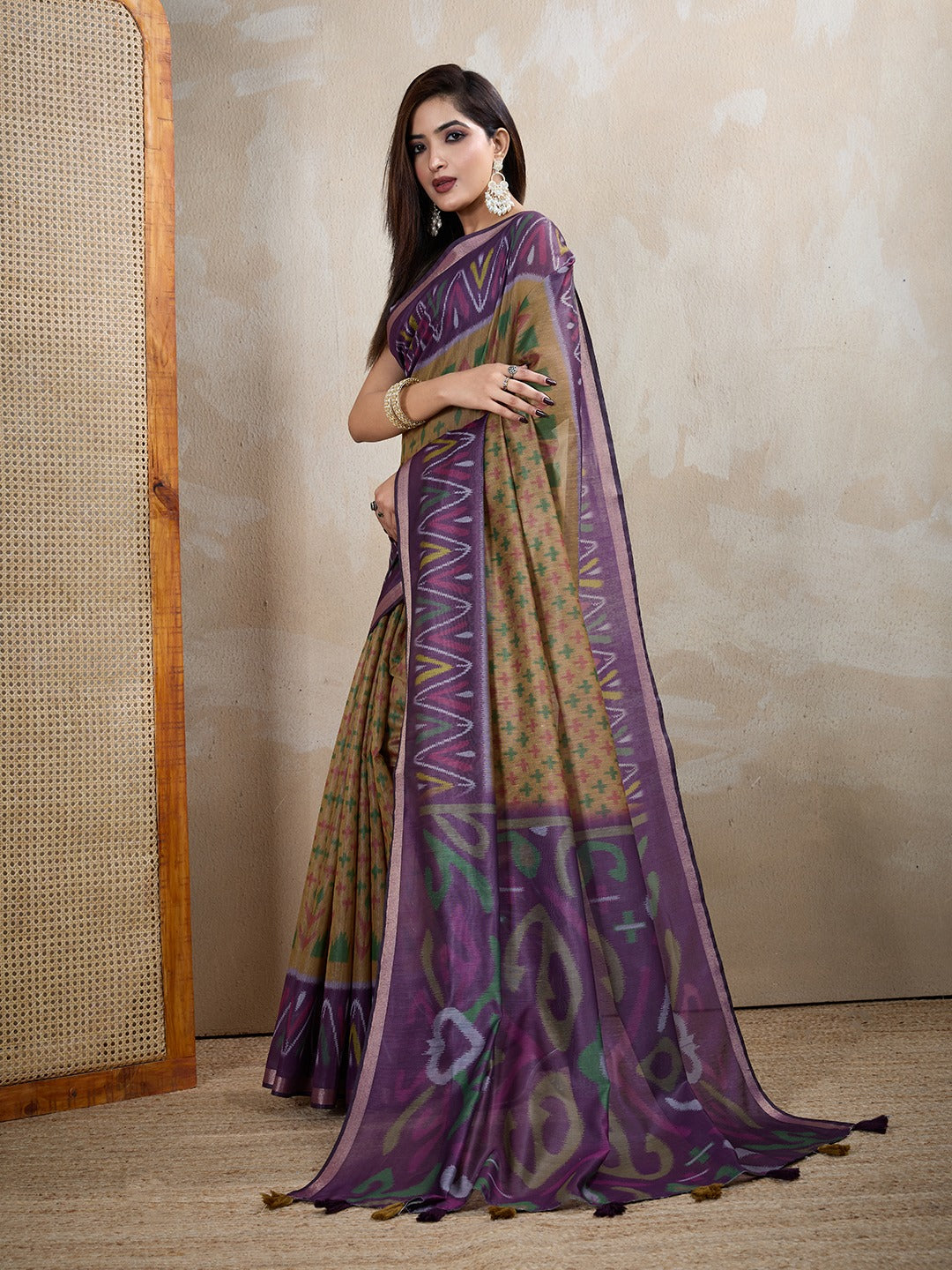 Olive & Purple Ikat Printed Chanderi Saree with Contrast Border (Code: GG-321)