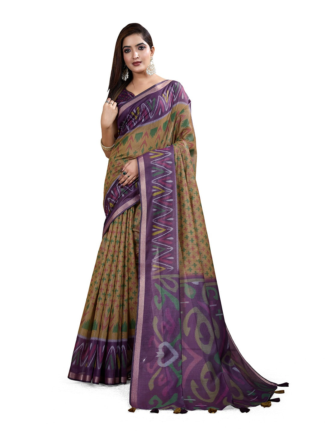 Olive & Purple Ikat Printed Chanderi Saree with Contrast Border (Code: GG-321)