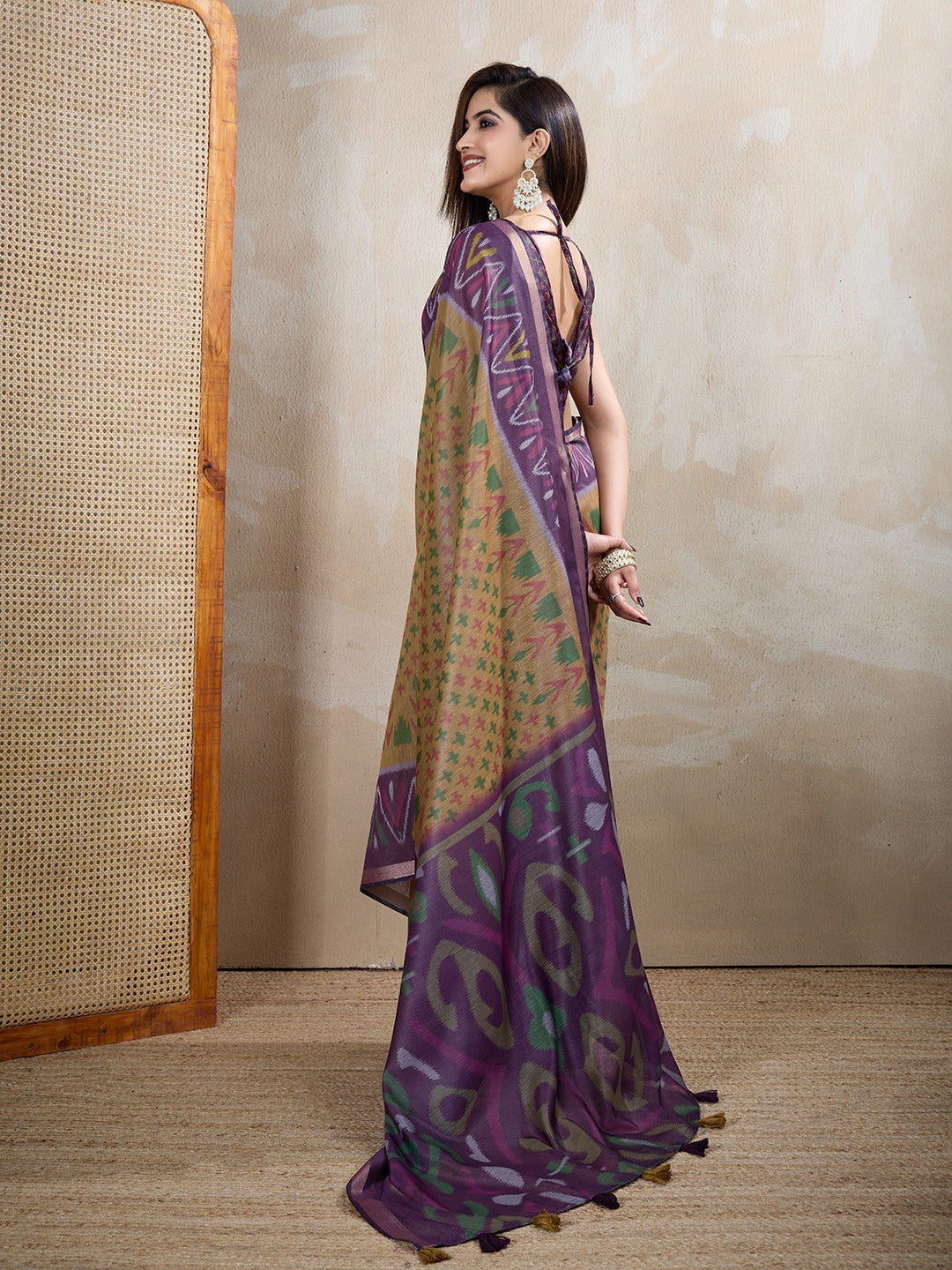 Olive & Purple Ikat Printed Chanderi Saree with Contrast Border (Code: GG-321)