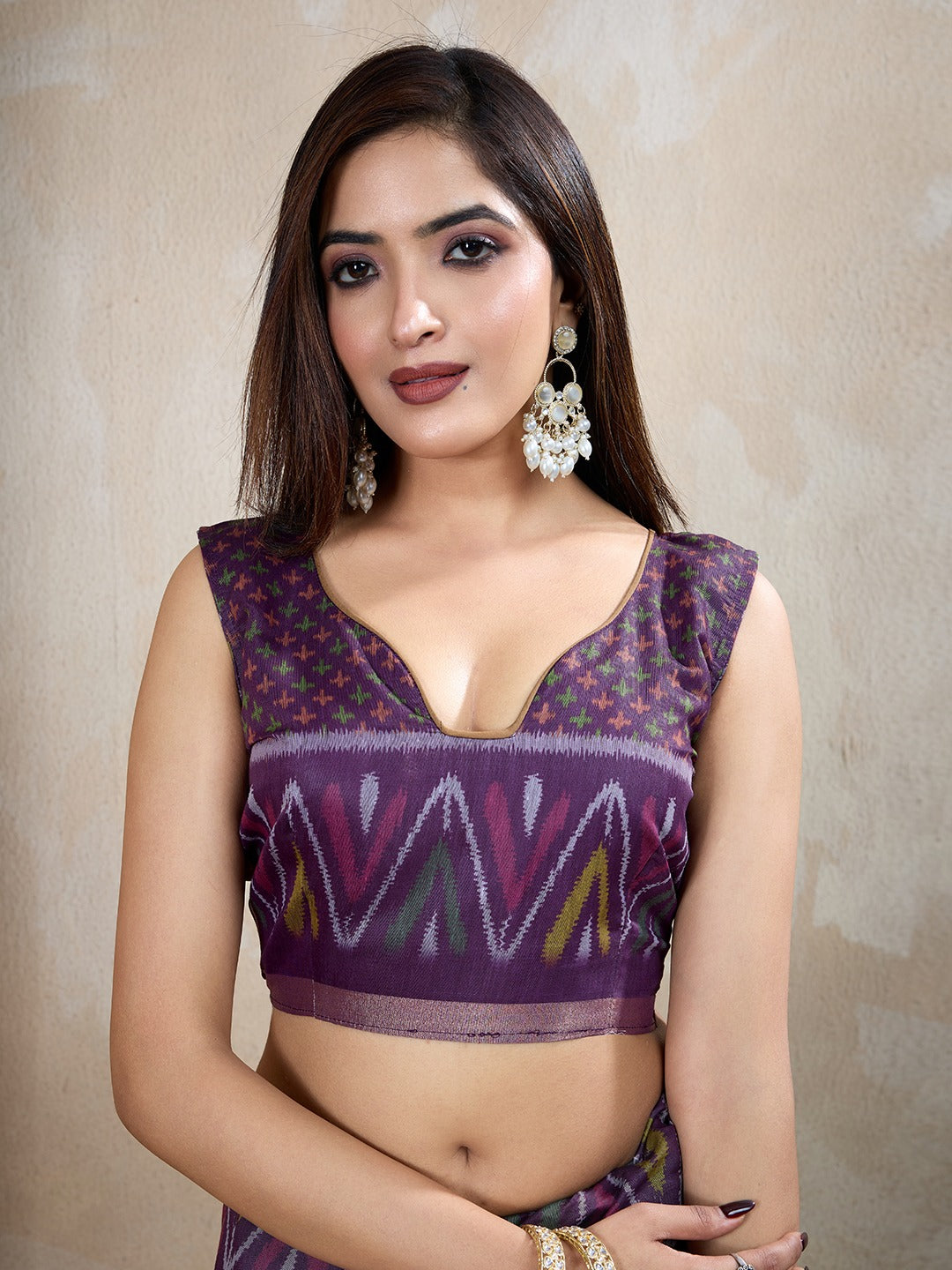 Olive & Purple Ikat Printed Chanderi Saree with Contrast Border (Code: GG-321)