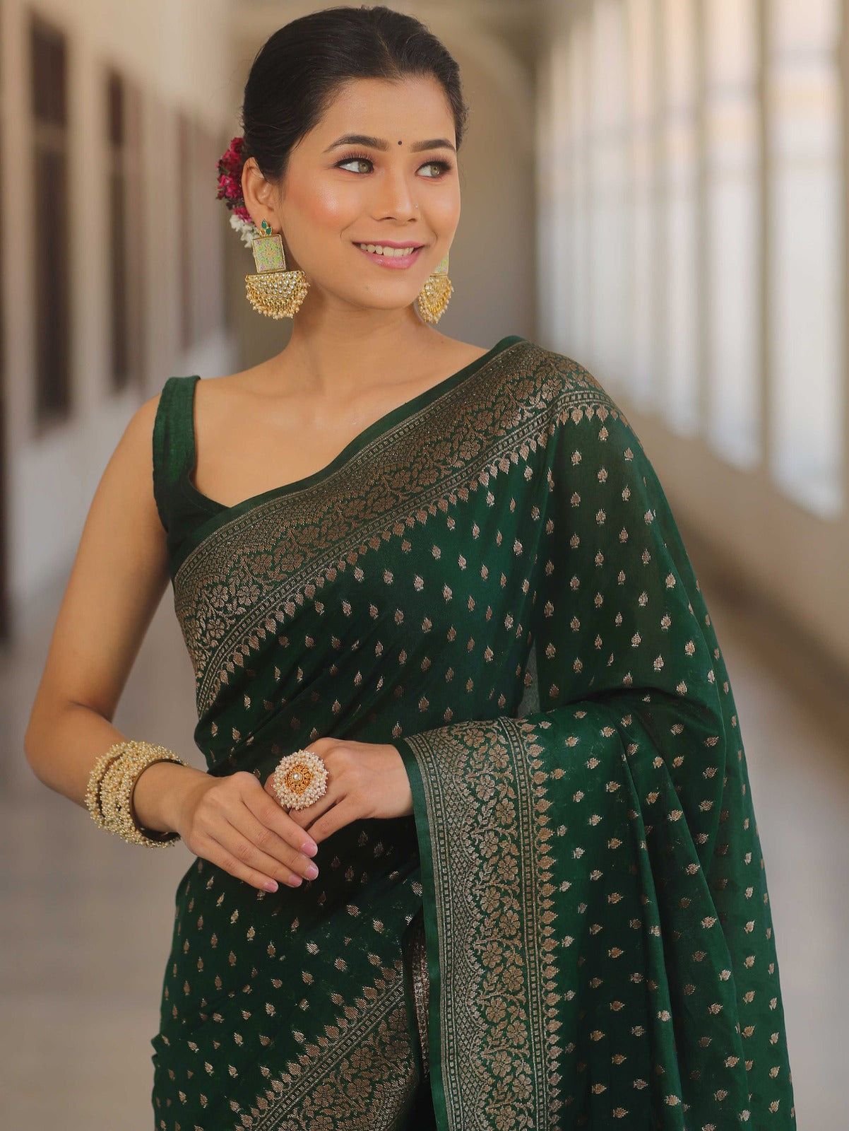 Premium Banarasi Jacquard Saree with Blouse β Haryali (Green)