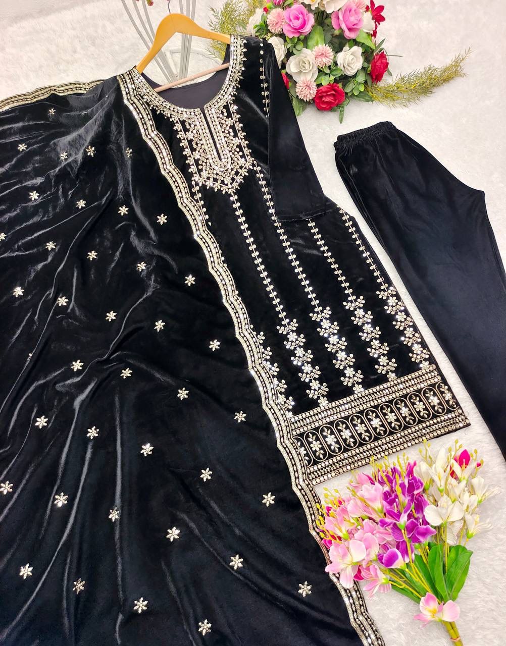 Velvet Embroidered Top-Pant Dupatta Set β Fully Stitched & Ready to Wear (WW-1135)