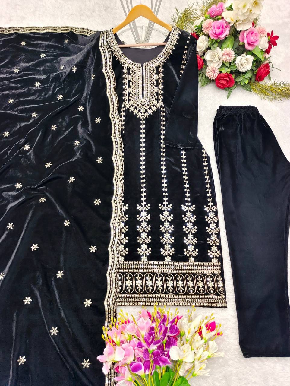 Velvet Embroidered Top-Pant Dupatta Set β Fully Stitched & Ready to Wear (WW-1135)