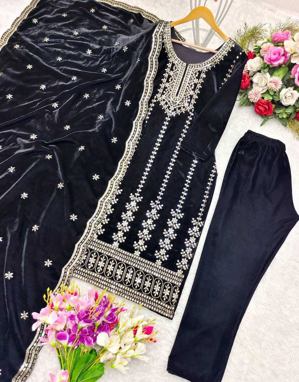 Velvet Embroidered Top-Pant Dupatta Set β Fully Stitched & Ready to Wear (WW-1135)