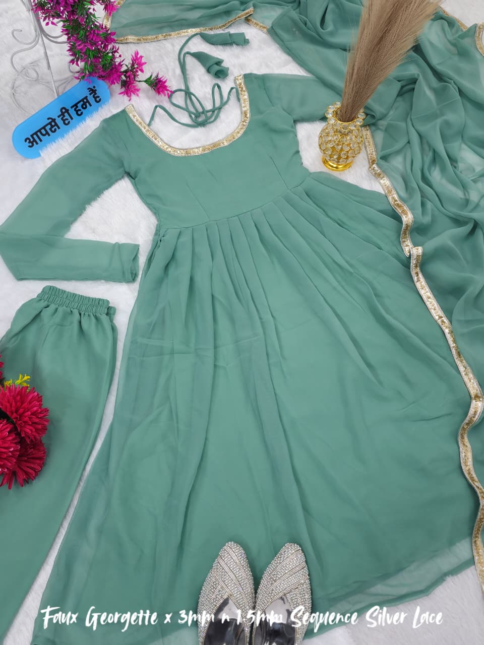Jannat Zubair Inspired Cham Cham Sequin Anarkali Set – Soft Faux Georgette (Code: 1205 Teal)