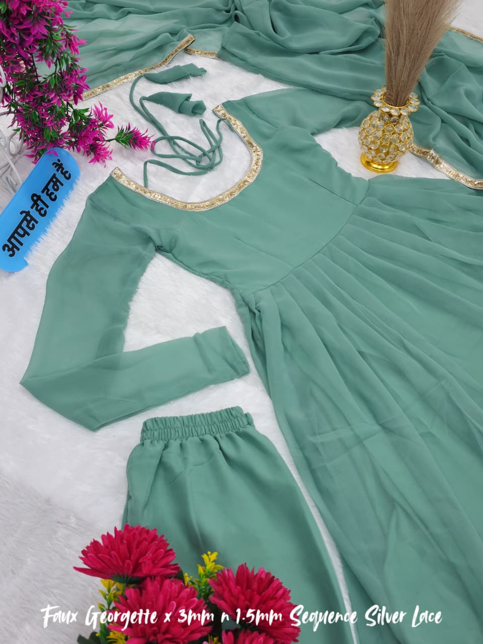 Jannat Zubair Inspired Cham Cham Sequin Anarkali Set – Soft Faux Georgette (Code: 1205 Teal)