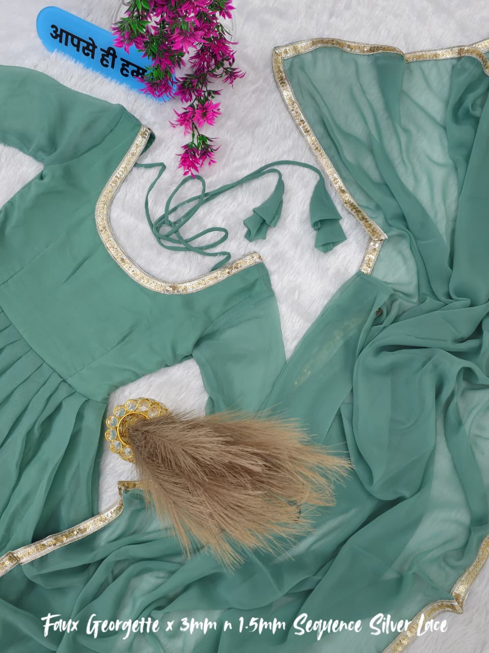 Jannat Zubair Inspired Cham Cham Sequin Anarkali Set – Soft Faux Georgette (Code: 1205 Teal)