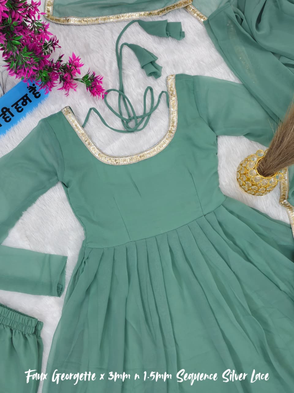 Jannat Zubair Inspired Cham Cham Sequin Anarkali Set – Soft Faux Georgette (Code: 1205 Teal)