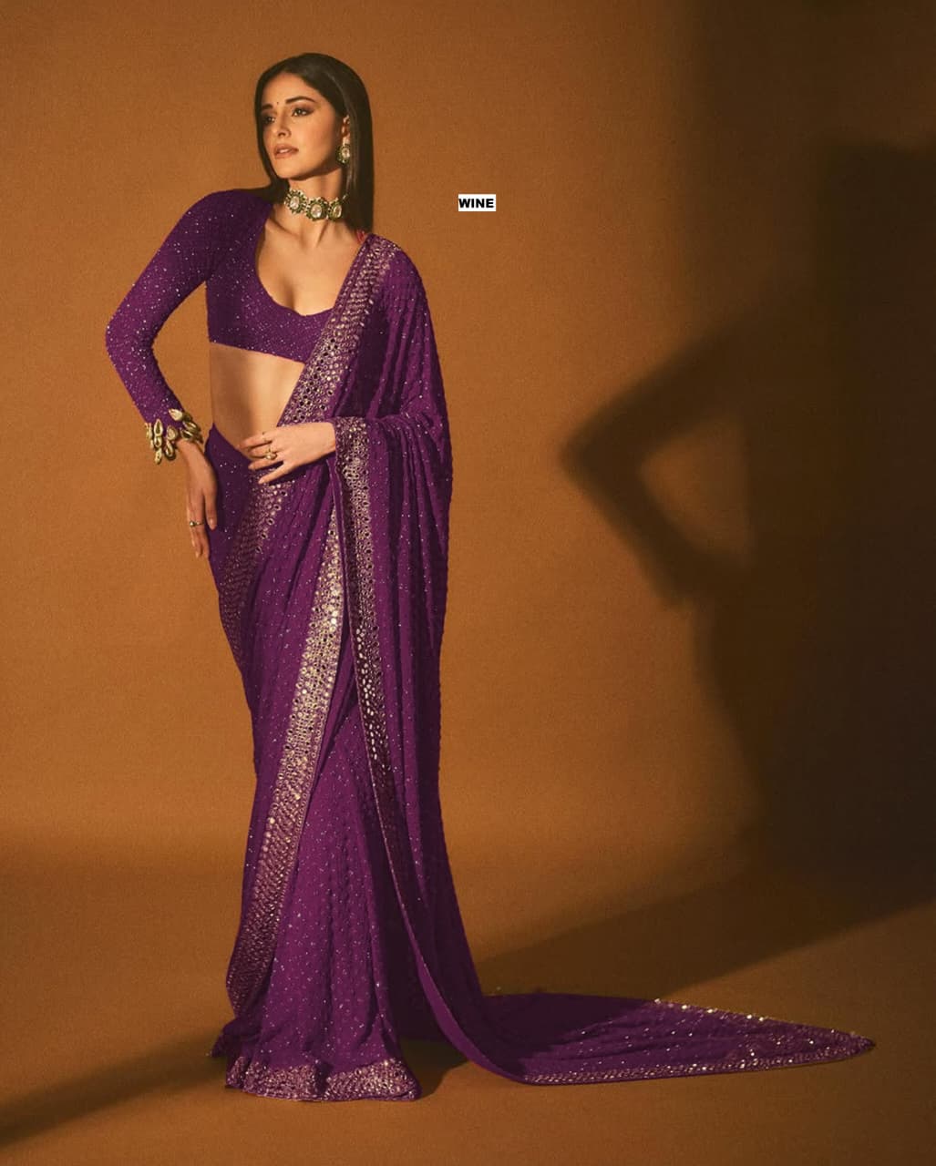 Ananya Pandey Bollywood Sequin Design Saree – Faux Georgette with Embroidery & Mirror Work (DF-3465)