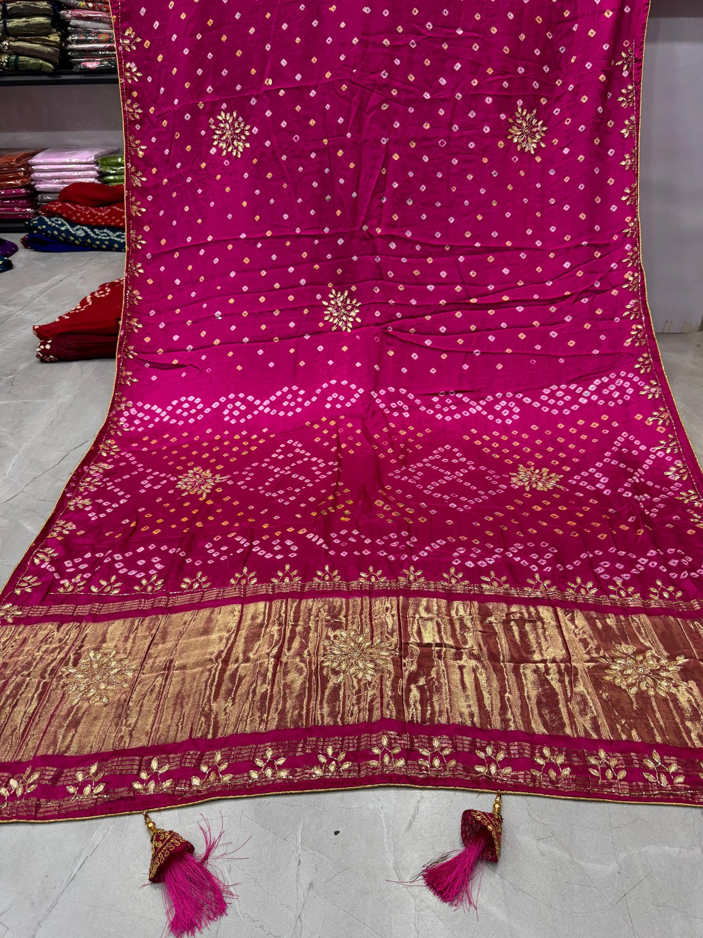 Gaji Silk Original Bandhani Saree with Gota Patti Hand Work
