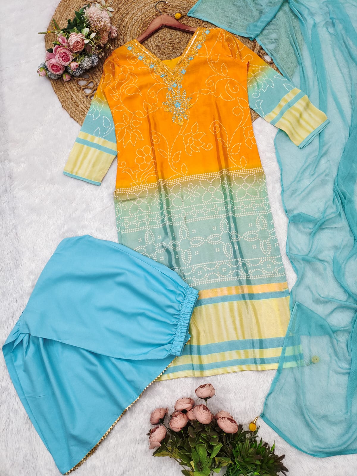 Exclusive Gradient Kurti Palazzo Dupatta Sets