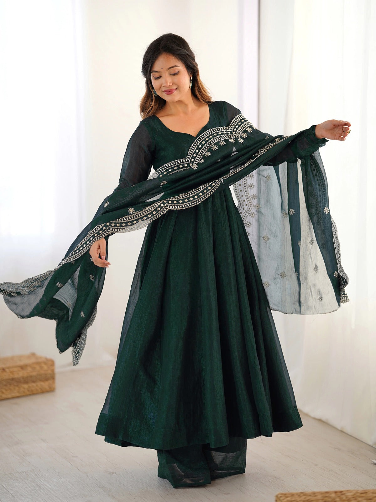 Bottle Green Embroidered Vichitra Suit – Kurta, Pant & Dupatta Set