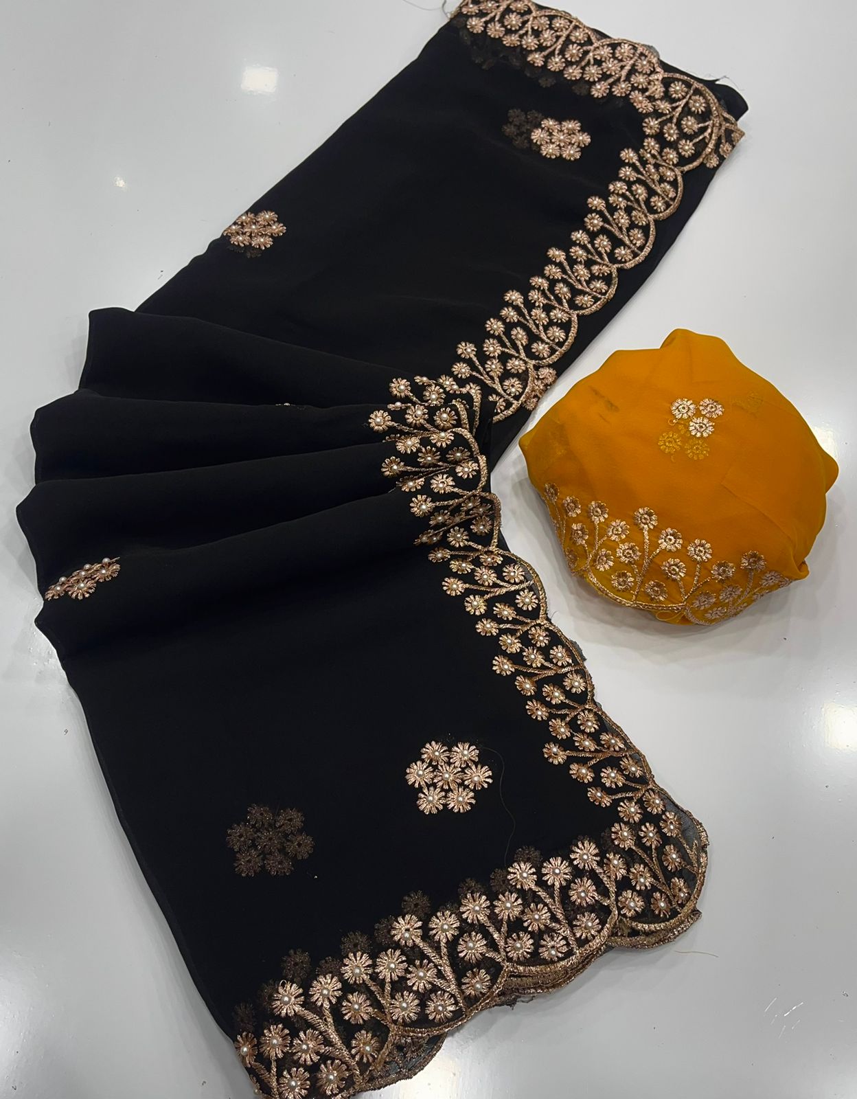 New Arrival – Georgette Saree with Gold Zari Embroidery & Contrast Blouse