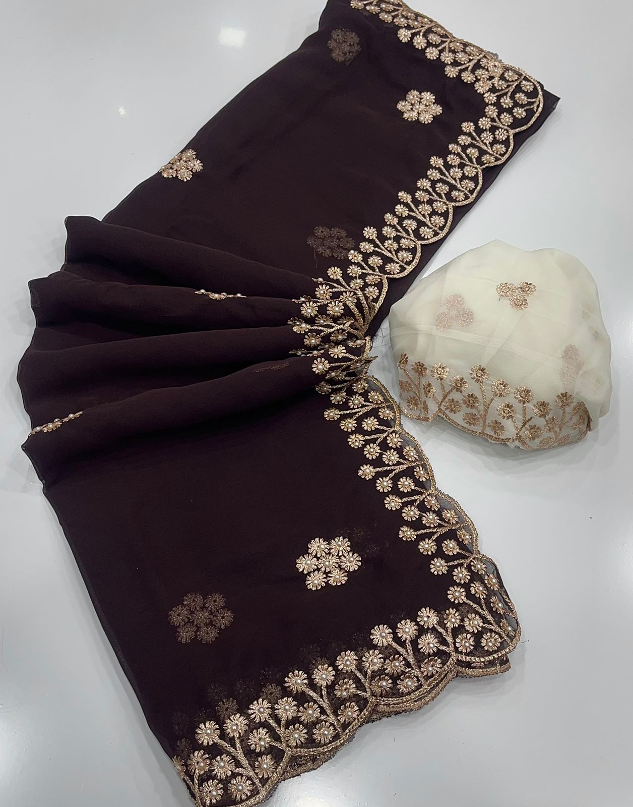 New Arrival – Georgette Saree with Gold Zari Embroidery & Contrast Blouse