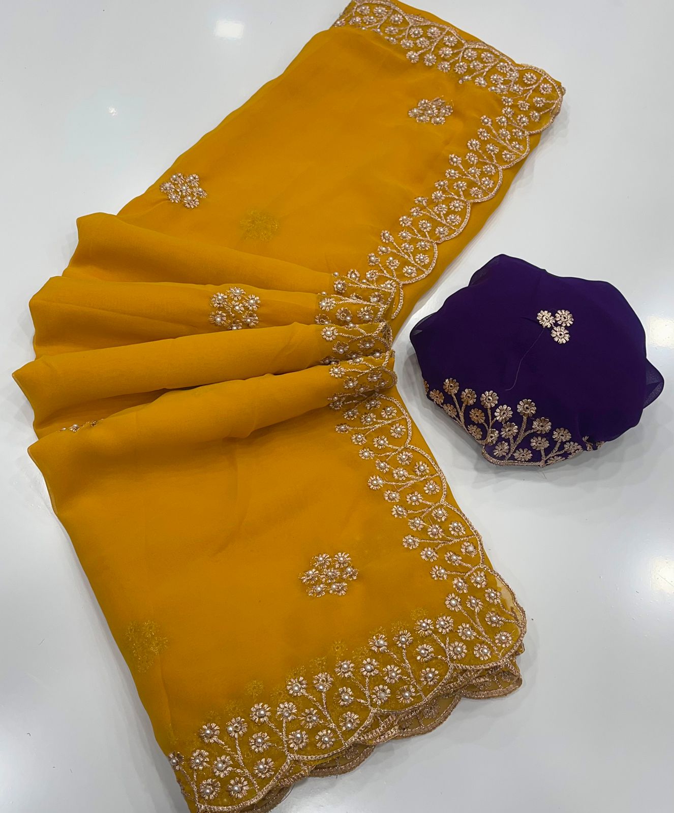 New Arrival – Georgette Saree with Gold Zari Embroidery & Contrast Blouse