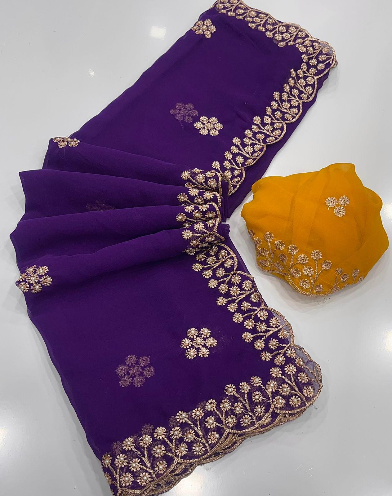 New Arrival – Georgette Saree with Gold Zari Embroidery & Contrast Blouse