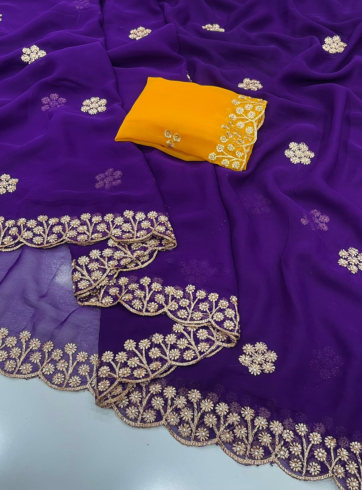 New Arrival – Georgette Saree with Gold Zari Embroidery & Contrast Blouse