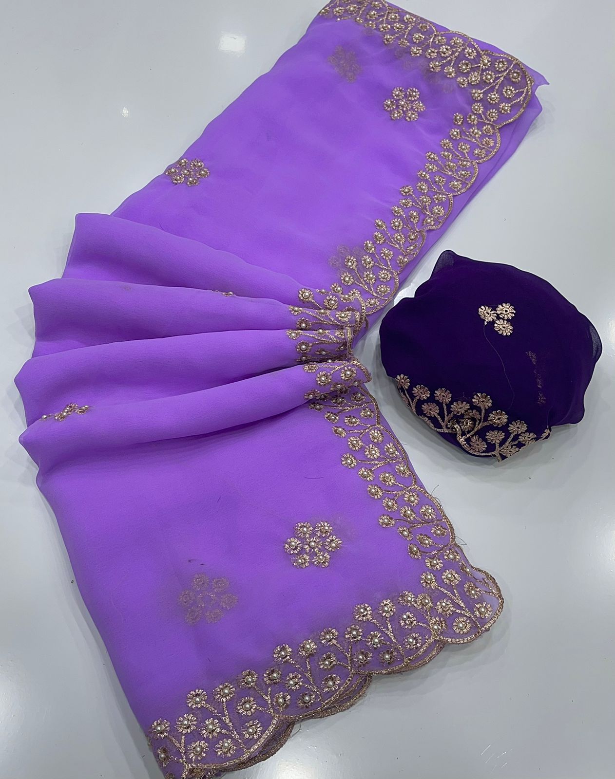 New Arrival – Georgette Saree with Gold Zari Embroidery & Contrast Blouse